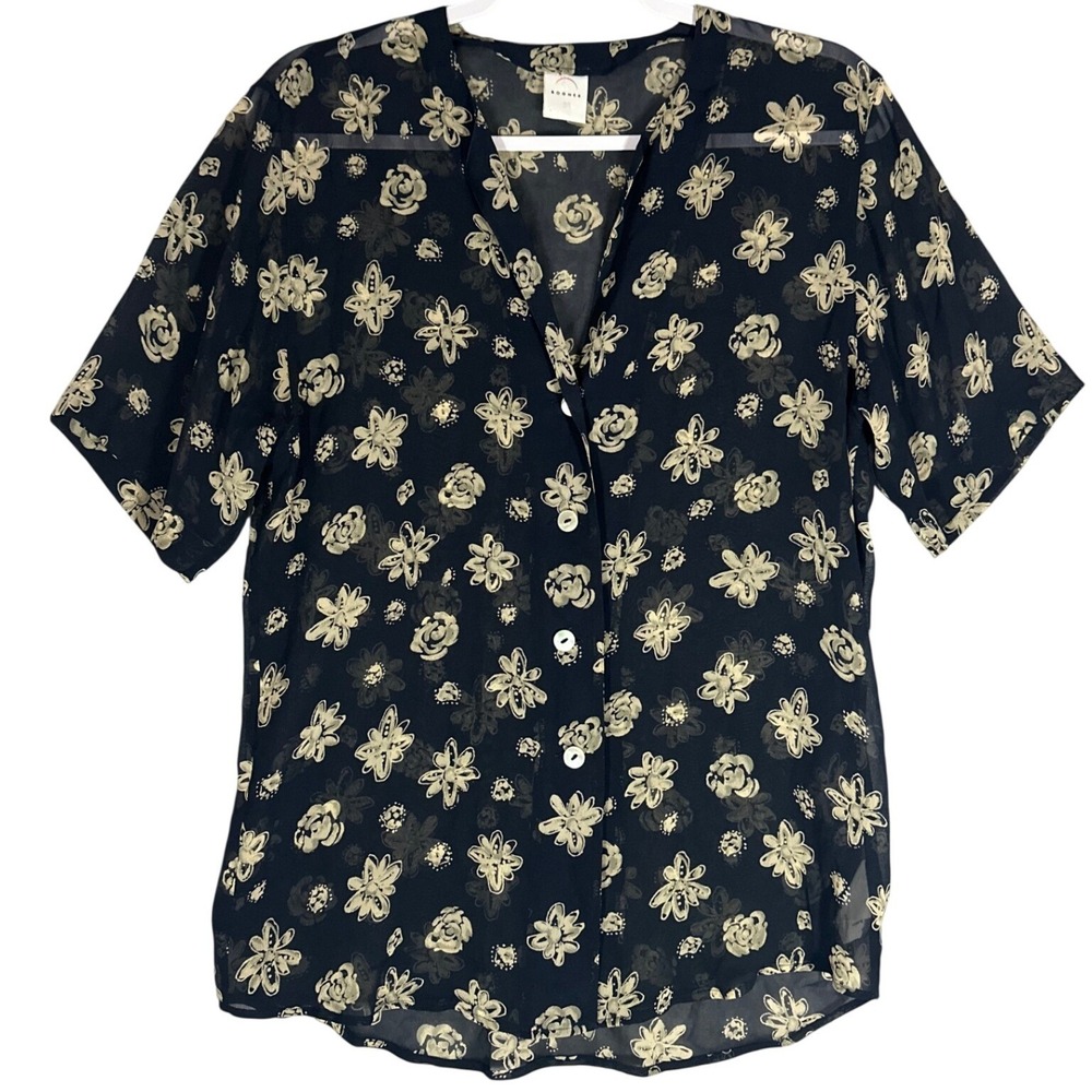 Bogner Vintage Silk Blend Sheer Floral Button Up Blouse Sz‎ 6 Navy Blue Hungary